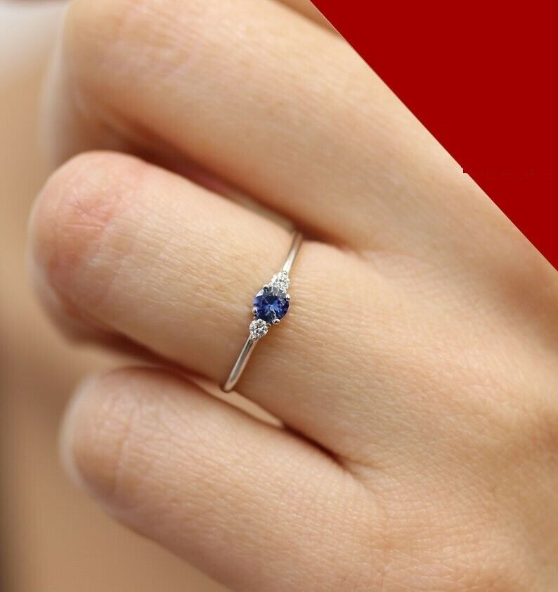 Round Blue Sapphire Engagement Ring Minimalist Trilogy 14k