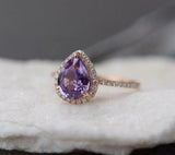 1.7ct Pear Cut Purple Amethyst Engagement Ring Halo 14k Rose Gold Finish
