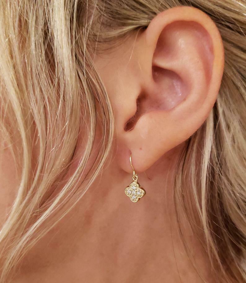 1ct Drop Earrings Round Cut Diamond Floral Fish Hook 14k Yellow Gold F –  HeartsAndYou