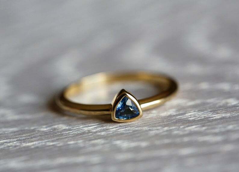 Trillion Cut Blue Sapphire Bezel Set Solitaire Ring 14k