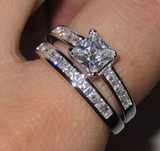 3ct Princess Cut VVS1 Diamond Bridal Set Engagement Ring 18K White Gold Finish