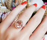 3.2ct Oval Cut Peach Morganite Engagement Ring 18k Rose Gold Over Halo Solitaire
