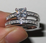 3ct Princess Cut VVS1 Diamond Bridal Set Engagement Ring 18K White Gold Finish