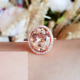 3.2ct Oval Cut Peach Morganite Engagement Ring 18k Rose Gold Over Halo Solitaire