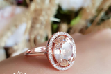 3.2ct Oval Cut Peach Morganite Engagement Ring 18k Rose Gold Over Halo Solitaire