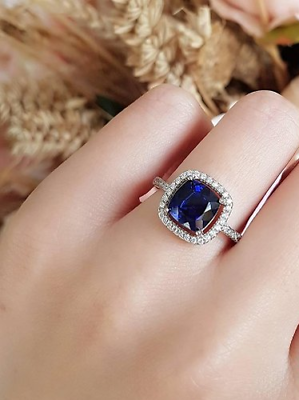 2.5ct Cushion Brilliant Blue Sapphire Engagement Ring 14k White Gold Over Halo