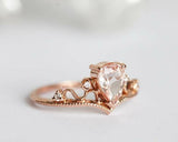 1.5ct Pear Cut Peach Morganite Crown Tiara Bridal Set Ring 14k Rose Gold Finish