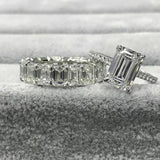 8Ct Emerald Diamond Bridal Set Solitaire Ring Eternity Band 14K White Gold Over