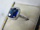 1.7ct Cushion Cut Blue Sapphire Diamond Accents Halo Ring 14k White Gold Finish