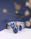 2.3ct Pear Cut Simulated Blue Sapphire Solitaire Trio Set 14k White Gold Plated