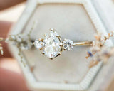 Round Accents Trilogy Engagement Ring 1.5ct Pear Cut Diamond 14k YellowGold Over