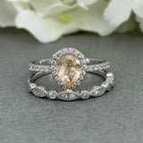 1.6ct Pear Peach Morganite Halo Bridal Set Engagement Ring 14k White Gold Finish