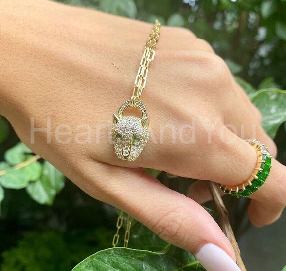 1ct Round Cut Moissanite Panther Paperclip Pendant Chain 14k Yellow Gold Plated