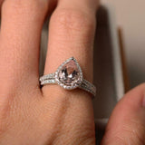 2ct Engagement Ring Pear Cut Peach Morganite Halo Bridal Set 14k White Gold Over