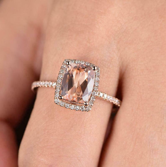 2ct Elongated Cushion Cut Peach Morganite Engagement Ring Halo 14k RoseGold Over