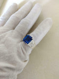 3ct Engagement Ring Emerald Cut Blue Sapphire Wide V Shank 14k White Gold Finish