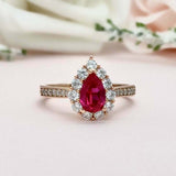 2.3ct Engagement Ring Pear Cut Pink Ruby Diamond Halo 14k Yellow Gold Finish