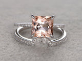 1ct Princess Cut Morganite Bridal Set Engagement Ring Band 14k White Gold Finish