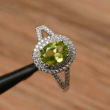 2.4ct Oval Cut Green Peridot Double Halo Engagement Ring 14k White Gold Finish