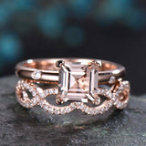 2ct Princess Cut Morganite Bridal Set Ring Infinity Band 14k Rose Gold Finish