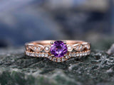 1.5Ct Round Cut Purple Amethyst Minimalist Bridal Set Ring 14K Rose Gold Finish