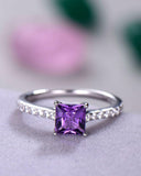 2Ct Princess Cut Amethyst Diamond Accents Engagement Ring 14K White Gold Finish