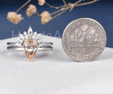 2ct Pear Cut Simulated Peach Morganite Crown Bridal Set 14k White Gold Plated