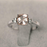 1.5ct Cushion Cut Morganite Solitaire with Round Accent Ring 14k White Gold Over