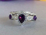 2.4ct Pear Cut Purple Amethyst Bridal Set Engagement Ring 14k White Gold Finish