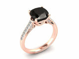 1.5ct Cushion Cut Black Diamond Solitaire with Accent Ring 14k Rose Gold Finish