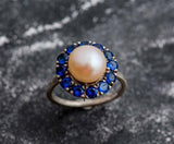 2.1ct Pearl Halo Round Blue Sapphire Engagement Ring 14k White Gold Finish