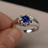 1ct Round Cut Blue Sapphire Floral Solitaire Engagement Ring 14k White Gold Over