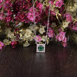 1ct Princess Cut Simulated Green Emerald Halo Pendant Chain 14k WhiteGold Plated