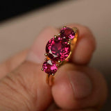 2.4ct Engagement Ring Round Cut Pink Ruby Three Stone 14k Yellow Gold Finish