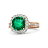 4Ct Cushion Cut Green Emerald Diamond Halo Engagement Ring 14K Rose Gold Finish