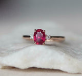 1.2ct Oval Cut Pink Ruby Engagement Ring Diamond Trilogy 14k Rose Gold Finish
