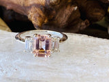 2ct Emerald Cut Simulated Peach Morganite Three Stone Ring 14k White Gold Plated