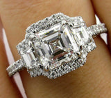 5.5ct Asscher Trilogy Halo Engagement Ring 14K White Gold Over Trapezoid Accents