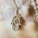 0.3ct Round Cut Moissanite Hamsa Hand of God Pendant Chain 14k White Gold Plated