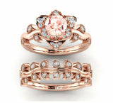 2ct Round Cut Morganite Floral Bridal Set Engagement Ring 14k Rose Gold Finish