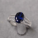 2.4ct Engagement Ring Oval Cut Blue Sapphire Split Shank 14k White Gold Finish