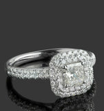 1.7ct Radiant Cut Diamond Halo Solitaire with Accents Ring 14k White Gold Finish