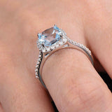2.2ct Engagement Ring Cushion Cut Blue Topaz Diamond Halo 14k White Gold Finish