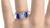 2ct Emerald Cut Diamond Sapphire 3 Stone Engagement Ring 14k White Gold Finish