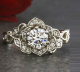 1.5ct Round Cut Diamond Flower Solitaire Engagement Ring 14k White Gold Finish