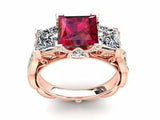 3ct Princess Cut Pink Ruby Engagement Ring Trilogy Cocktail 14k Rose Gold Finish