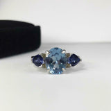 2.2ct Engagement Ring Oval Cut Blue Topaz Sapphire Trilogy 14k White Gold Finish