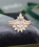 3ct Pear Cut Simulated Peach Morganite Curved Crown Trio Set 14k RoseGold Plated