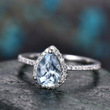 1.7Ct Pear Blue Aquamarine Halo Solitaire Engagement Ring 14K White Gold Finish