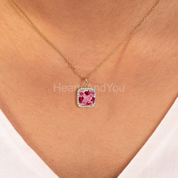 2ct Cushion Cut Simulated Pink Sapphire Halo Pendant with Chain 14k Gold Plated
